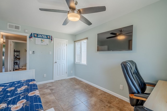 tiled bedroom featuring visible vents, baseboards, and ceiling fan