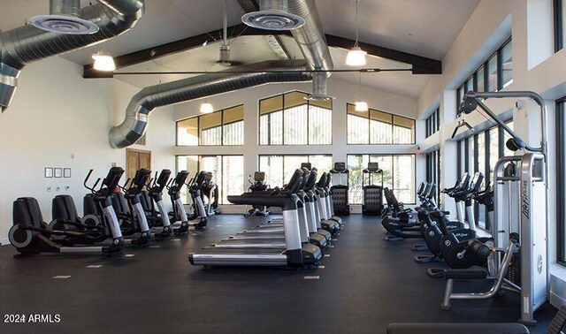 exercise room with high vaulted ceiling