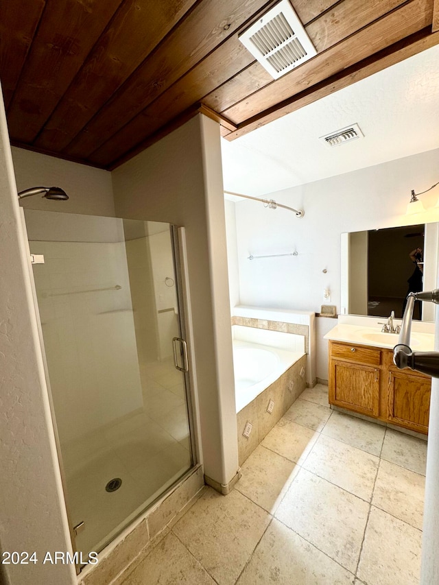 bathroom with tile patterned flooring, vanity, independent shower and bath, and wooden ceiling