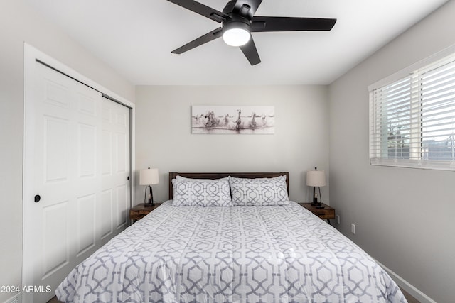 bedroom with ceiling fan and a closet