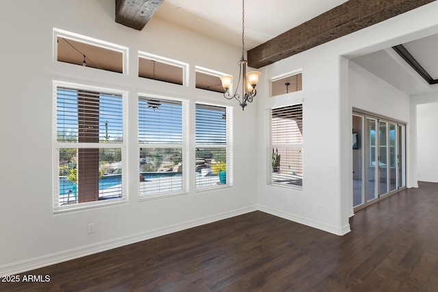 unfurnished dining area featuring a chandelier, beam ceiling, and dark hardwood / wood-style floors