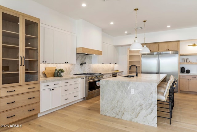 4301 E Sells Dr, Phoenix, AZ 85018 - kitchen featuring high end appliances, a sink, decorative backsplash, light wood-type flooring, and recessed lighting