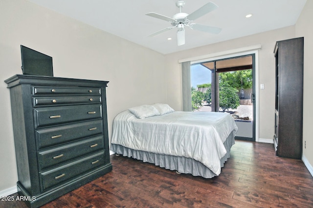 9476 E Laurel Ln, Scottsdale, AZ 85260 - bedroom with dark wood-type flooring, access to outside, baseboards, recessed lighting, and a ceiling fan