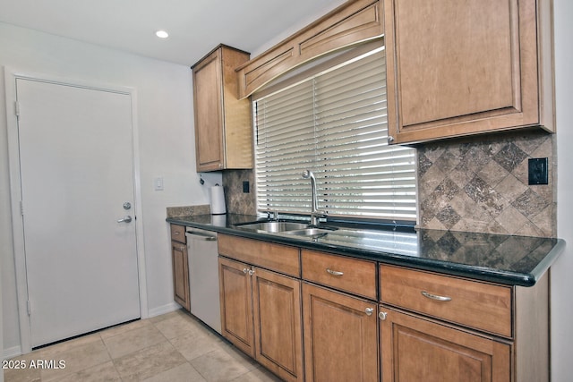 9476 E Laurel Ln, Scottsdale, AZ 85260 - kitchen with a sink, dishwasher, decorative backsplash, brown cabinets, and light tile patterned floors