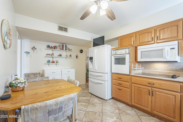 kitchen featuring white appliances, visible vents, light countertops, open shelves, and light tile patterned flooring