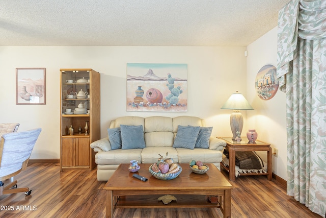 living room with a textured ceiling, baseboards, and wood finished floors