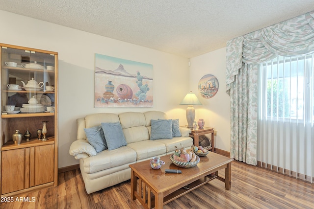 living area with a textured ceiling, baseboards, and wood finished floors