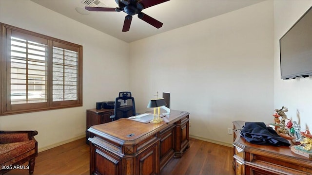 home office featuring ceiling fan and dark hardwood / wood-style floors