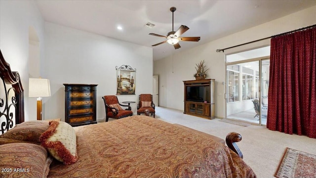 carpeted bedroom featuring access to outside and ceiling fan