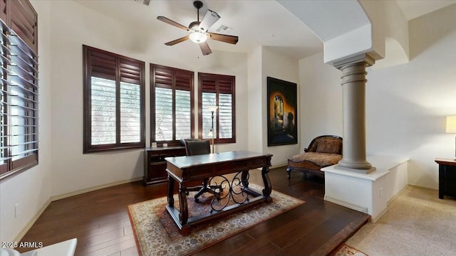 office area featuring hardwood / wood-style flooring, ceiling fan, and ornate columns