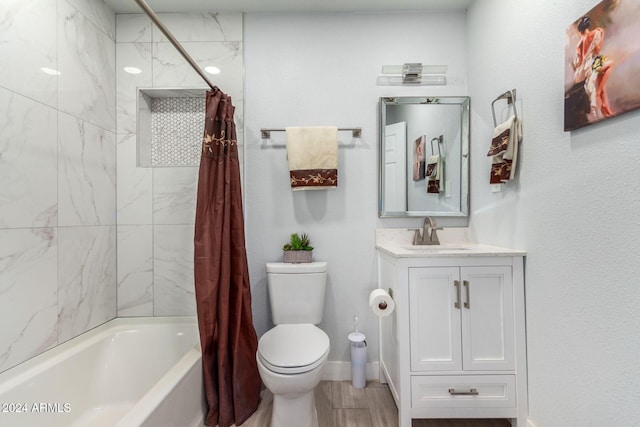 full bathroom with shower / bath combination with curtain, toilet, and vanity