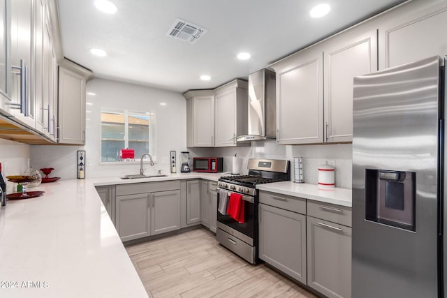 kitchen featuring wall chimney exhaust hood, sink, stainless steel appliances, and gray cabinets