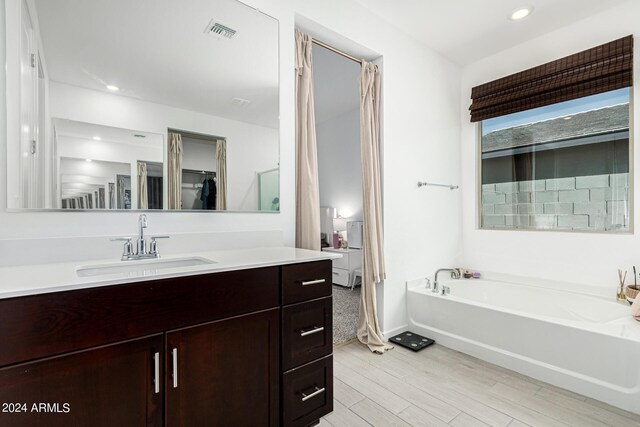 bathroom with vanity, wood-type flooring, and a washtub