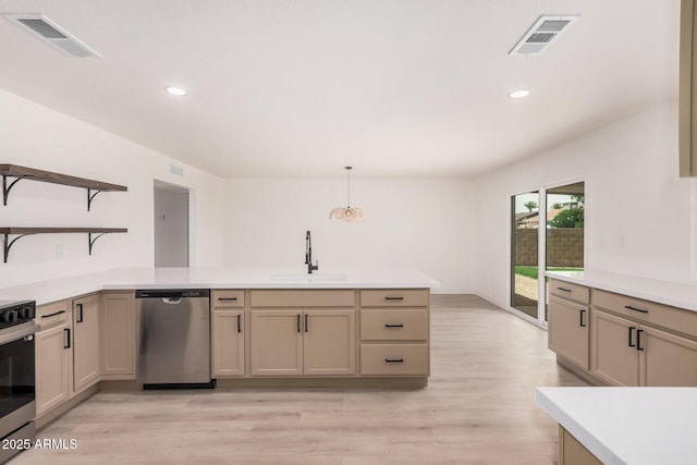 9414 N 50th Dr, Glendale, AZ 85302 - kitchen featuring dishwasher, a sink, open shelves, a peninsula, and light countertops