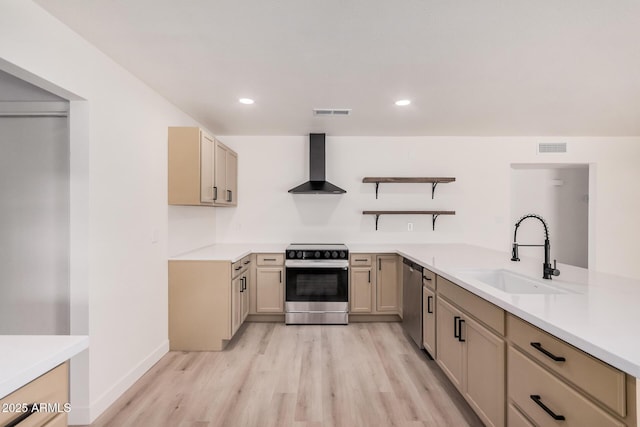 9414 N 50th Dr, Glendale, AZ 85302 - kitchen featuring electric range oven, wall chimney range hood, a sink, stainless steel dishwasher, and light wood-style floors