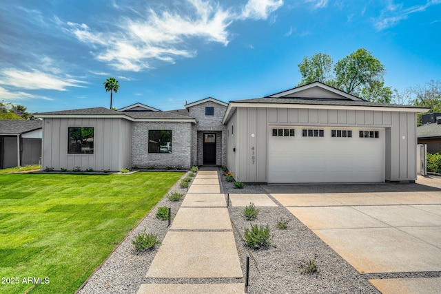 view of front of property featuring a garage, board and batten siding, driveway, and a front lawn