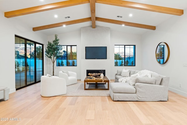 living room with recessed lighting, visible vents, lofted ceiling with beams, and light wood-type flooring