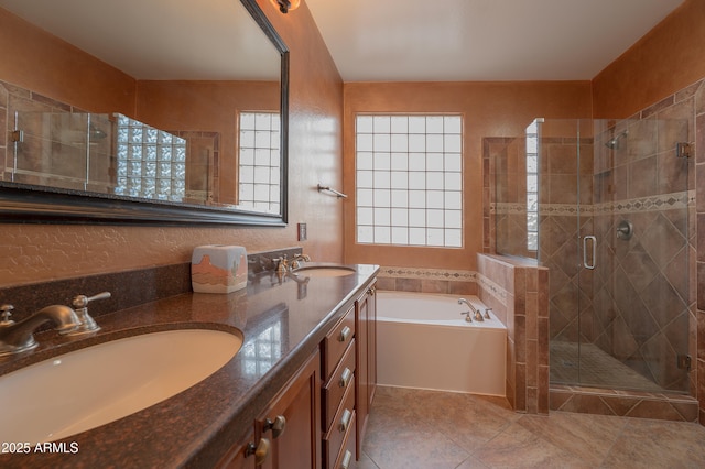 bathroom featuring vanity, separate shower and tub, and tile patterned flooring