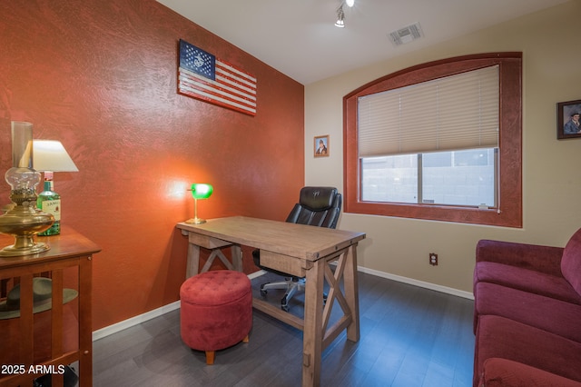 office area with dark hardwood / wood-style floors