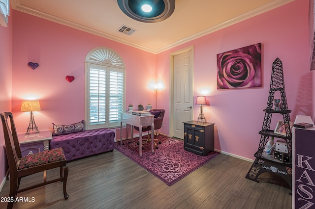 interior space featuring ornamental molding and dark hardwood / wood-style flooring