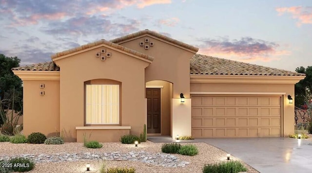 20269 W Catalina Dr, Buckeye, AZ 85396 - mediterranean / spanish home featuring an attached garage, driveway, a tile roof, and stucco siding