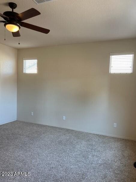 spare room featuring a wealth of natural light, carpet, and ceiling fan