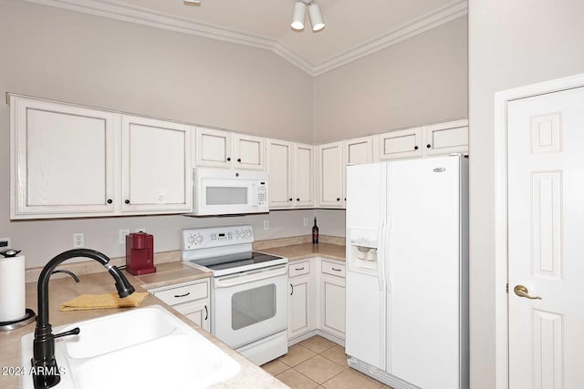 kitchen with white cabinetry, white appliances, light tile patterned floors, crown molding, and sink