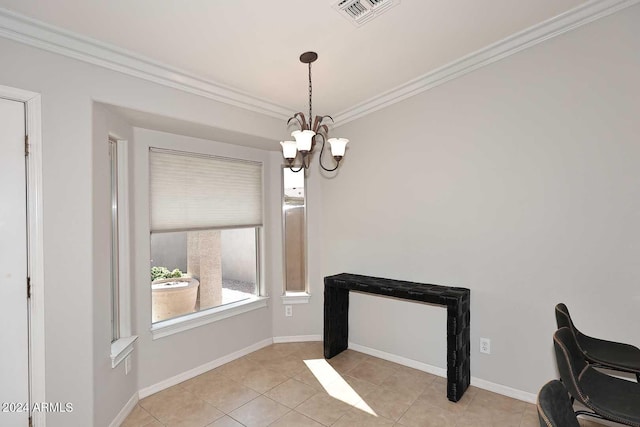 tiled dining space with crown molding and a chandelier