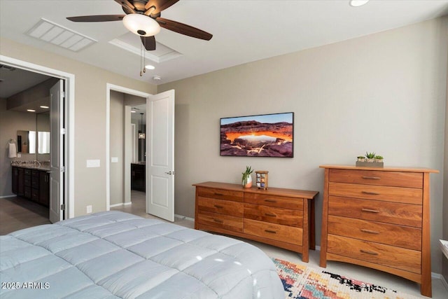 bedroom with connected bathroom and ceiling fan