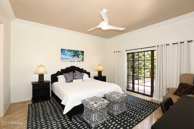 bedroom featuring light tile patterned floors, crown molding, and ceiling fan