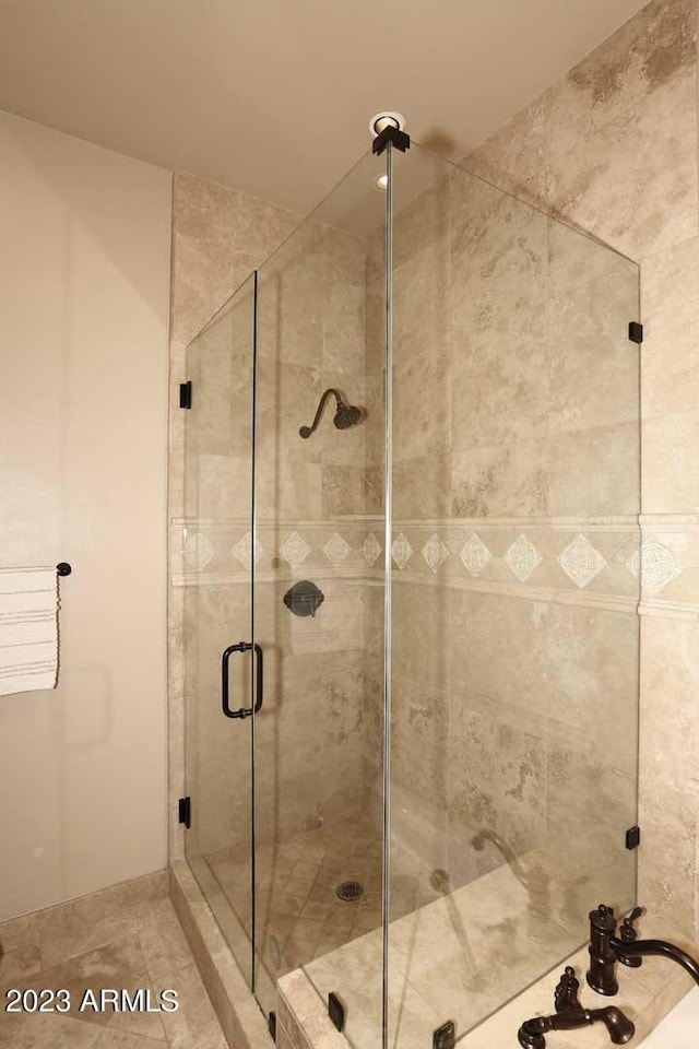 bathroom featuring a shower with shower door