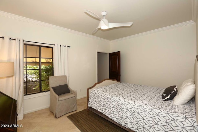 tiled bedroom with crown molding and ceiling fan