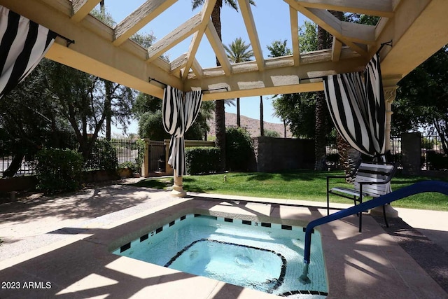 view of swimming pool with an in ground hot tub, a yard, and a patio area