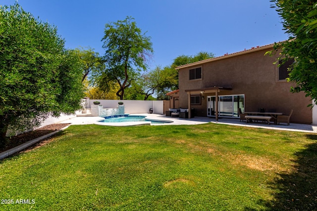 view of yard featuring an outdoor living space, a fenced backyard, a fenced in pool, and a patio area