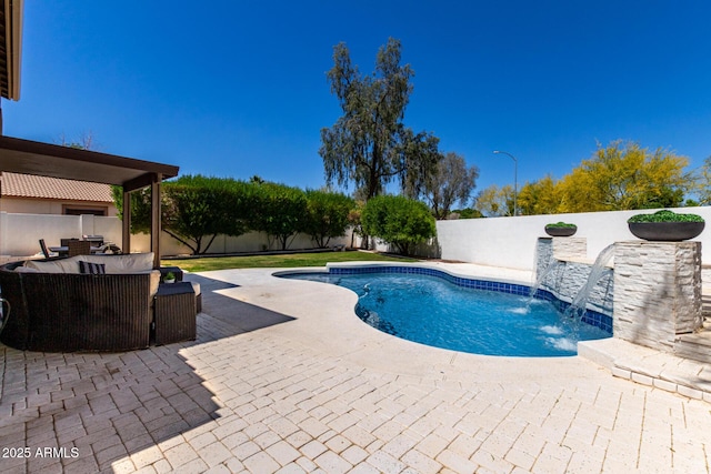 view of swimming pool with a fenced in pool, a patio area, an outdoor hangout area, and a fenced backyard
