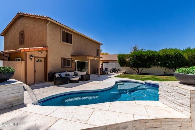 view of pool with a patio, a fenced in pool, an outdoor hangout area, and a fenced backyard