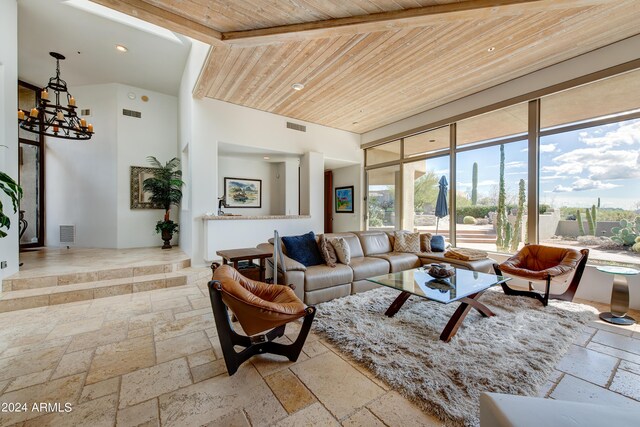 living room featuring wood ceiling