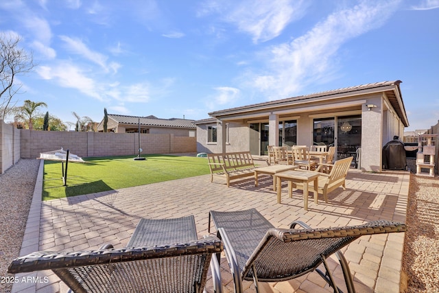 view of patio / terrace featuring a fenced backyard and outdoor dining space