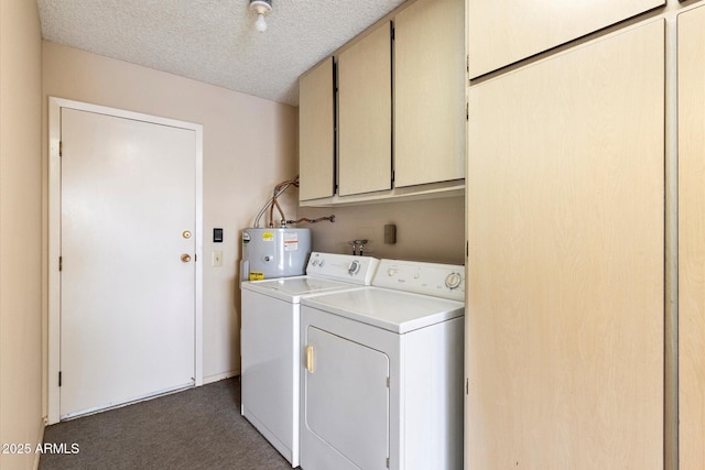 clothes washing area with independent washer and dryer, a textured ceiling, cabinets, and electric water heater