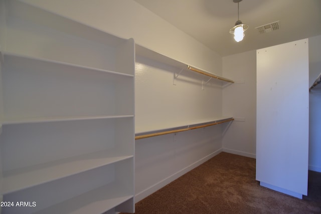 walk in closet featuring dark colored carpet