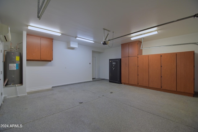 garage with a wall mounted AC, a garage door opener, and water heater