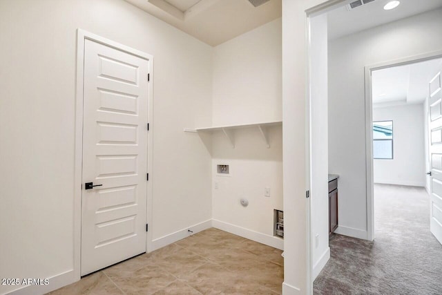 washroom with visible vents, baseboards, gas dryer hookup, laundry area, and hookup for a washing machine