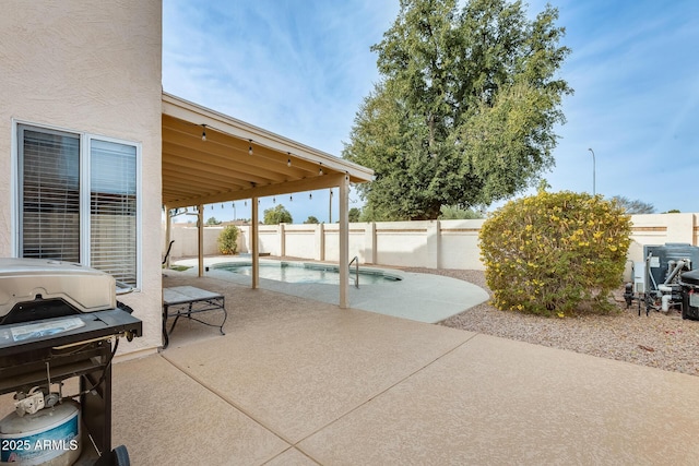 view of pool featuring a grill and a patio