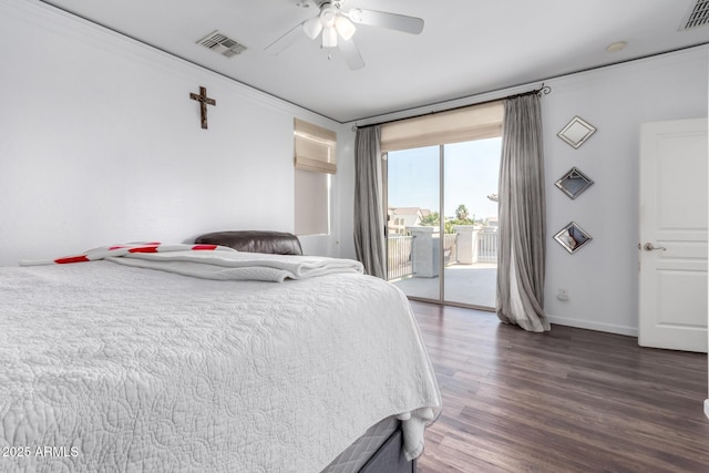 bedroom featuring dark wood-type flooring, ceiling fan, and access to outside