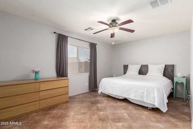 bedroom with ceiling fan and visible vents