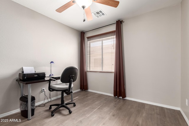 office featuring visible vents, baseboards, and wood finished floors