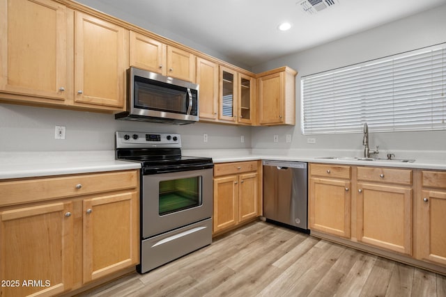 kitchen with sink, appliances with stainless steel finishes, and light wood-type flooring