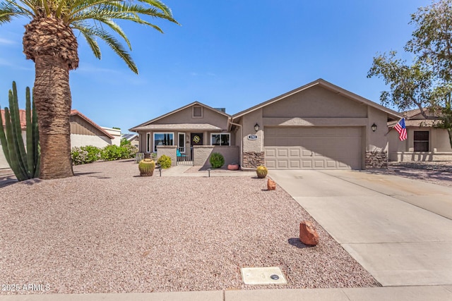 ranch-style house featuring stucco siding, driveway, covered porch, and a garage