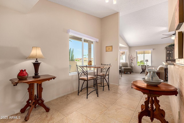 dining room with baseboards, a textured ceiling, and vaulted ceiling
