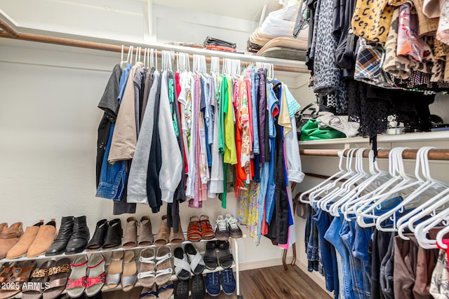 walk in closet with wood finished floors